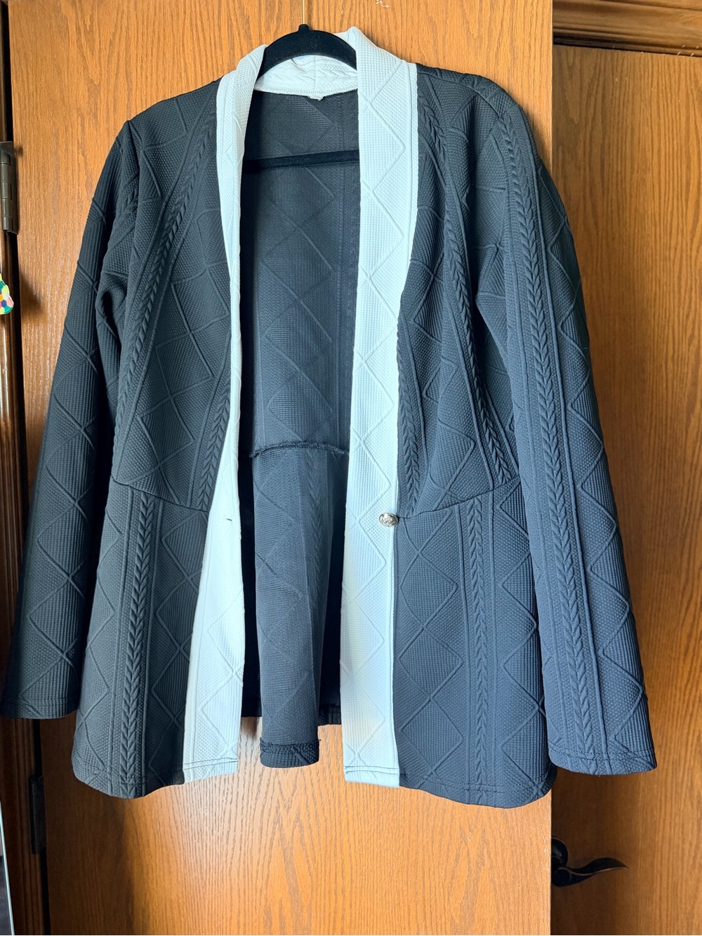 Women's Black Quilted Open-Front Blazer with Light Trim